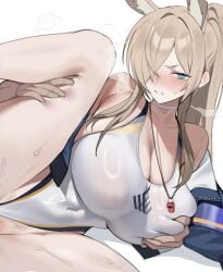 1boy 1girls blue_archive breasts female female_focus kanna_(blue_archive) kanna_(swimsuit)_(blue_archive) large_breasts one-piece_swimsuit swimsuit thick_thighs thighs toma_(toma50) wide_hips