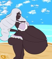 beach beach_background bikini dark-skinned_female enjoying_pregnancy female hyper_pregnancy jacinthe_(pokemon) looking_at_viewer pokemon pokemon_legends:_z-a pregnant pregnant_belly pregnant_female purple_eyes purple_hair talking_to_viewer yukari_(pokemon)