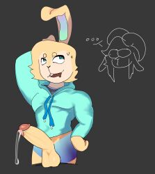 ballsack bunny_ears cock cock_worship furry_male gay_male hoodie_only large_penis moobs pantsless rabbit teal_fur