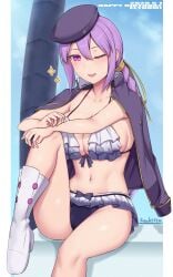 1girls bikini breasts breasts_out eltnum exposed_breasts female hat long_hair medium_breasts ponytail purple_eyes purple_hair soukitsu swimsuit under_night_in-birth white_bikini white_swimsuit