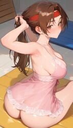 1girls ai_generated big_ass big_breasts from_behind hairband king_of_fighters light-skinned_female light_skin long_hair looking_at_viewer pale-skinned_female pale_skin see-through skirt soft_breasts thick thick_ass wet yuri_sakazaki