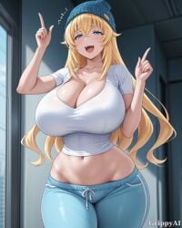 1girl 2d ai_generated anime_style blonde_hair blue_eyes blush cinema cleavage curvy detailed_eyes detailed_face grippyai high_quality huge_breasts indoors light_blue_shirt light_blue_shorts long_hair looking_at_viewer on_seat open_mouth red_seats shiny_skin shorts sitting smile solo thick_thighs
