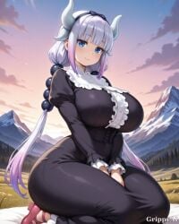 1girl 2d ai_generated anime_style black_dress blue_eyes blush braid cleavage corset curvy detailed_background detailed_eyes detailed_face frills glossy_lips gradient_hair grippyai high_quality horns huge_breasts landscape long_hair looking_at_viewer maid mountain outdoors purple_hair shiny_skin silver_hair sitting sky smile solo sunset thick_thighs uniform white_apron white_horns wide_hips