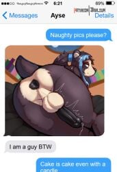 accessory accidentally_gay anthro anus backsack balls bed black_anus black_penis bodily_fluids book butt femboy furniture genital_fluids genitals hair_accessory hair_tie hi_res humor jarlium male on_bed penis precum smile solo text