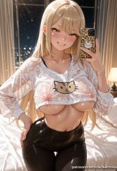 1girl ai_generated animal_print bangs black_pants blonde_hair blush breasts cellphone collarbone covered_nipples crop_top curtains earrings grin hand_on_hip holding holding_phone indoors jewelry kermixx large_breasts long_hair long_sleeves looking_at_viewer mythra mythra_(xenoblade) navel night night_sky nipples pants phone see-through shirt smartphone smile solo sweat thigh_gap underboob wet white_shirt window xenoblade_(series) xenoblade_chronicles_2 yellow_eyes