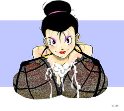 1girls big_breasts black_hair bra chichi cum cum_on_breasts dragon_ball dragon_ball_z earrings female kiidamoori lace_bra milf solo