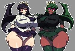 2girls ass_bigger_than_head black_hair breasts_bigger_than_head dark-skinned_female filia_(skullgirls) fukua_(skullgirls) green_eyes green_hair huge_breasts hummerh194 leggings lipstick long_hair looking_at_another looking_to_the_side makeup necktie panties pussy red_eyes samson_(skullgirls) schoolgirl_uniform shamone_(skullgirls) skirt skirt_lift skullgirls stomach thick_thighs