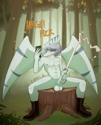 anthro anthro_only boots boots_only cavemanon_studios cum cum_drip cumshot english_text fan_character green_(snoot_game) green_eyes male male_only masturbation naked nude nude_male outdoor_nudity outdoors phone pterodactylus pterosaur seven_(artist) silver_hair snoot_game solo text