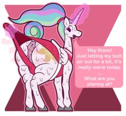 ... absurd_res alicorn animal_genitalia animal_pussy anus ass bodily_fluids clothing dripping english_text equid equine_pussy eyelashes female feral friendship_is_magic fur hair hi_res hooves horn ikakins looking_at_viewer looking_back magic mammal multicolored_hair multicolored_tail my_little_pony princess_celestia_(mlp) puffy_anus purple_eyes pussy rainbow_hair rainbow_tail rear_view snout solo speech_bubble sweat swimwear text tongue white_fur wings