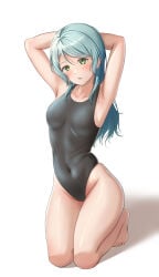 1girls aqua_hair armpit_crease armpits arms_behind_head arms_up bang_dream! barefoot black_swimsuit breasts breasts_apart collarbone eyebrows_visible_through_hair female female_focus female_only full_body furiousghafo green_eyes groin hands_behind_back hikawa_sayo kneeling lips long_hair looking_aside medium_breasts navel navel_visible_through_clothes one-piece_swimsuit open_mouth portrait shadow simple_background sitting solo solo_female straight_hair swimsuit thighs very_high_resolution white_background