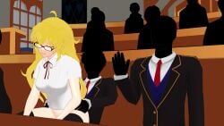 beacon_academy_uniform blonde_female blonde_hair clothed_male glasses half-dressed half_naked half_naked_female long_hair long_hair_female public public_sex purple_eyes reverse_cowgirl_position rwby sex theblackbirdcalls yang_xiao_long