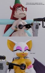 2girls 3d anthro betilla_(rayman) blender blender_(software) breast_reduction breasts crossover dialogue dld493v2 ear_piercing eastern_and_western_character english_text holding_own_breasts meme milking_machine rayman_(series) red_hair rouge_the_bat sega self_upload shitpost sonic_(series) ubisoft wings