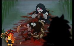 2_tails ambiguous_gender arms_tied asian_clothing bamboo black_hair blood blood_from_mouth blood_from_wound blood_in_mouth bodily_fluids bottomwear bound brown_markings carried carrying_another cel_shading clothing cookie_(cookie_run) cookie_run demon demon_slayer duo east_asian_clothing gore grabbing_throat gradient_limbs grass hair hakama hanafuda haori humanoid japanese_clothing kimetsu_no_yaiba male markings missing_arm missing_leg multi_tail muzan_kibutsuji night on_ground pink_eyes plant ponytail puppetmaster13uwu red_eyes red_hair_tips regeneration restrained shaded shaking sheathed_sword sheathed_weapon shoulder_carry silhouette tail torn_clothing tremble_lines tremble_spikes trembling wounded yoriichi_(demon_slayer)
