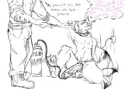 anthro bodily_fluids canid cum duo genital_fluids hi_res human infinite_cum infinite_genital_fluids male mammal penile penis_milking slave
