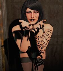 black_hair black_lipstick blacked bra brown_hair cheating_wife cuckold fallout_4 gothic light-skinned_female lingerie lingerie_bra lingerie_panties looking_at_viewer milf nora_(fallout_4) posing_for_the_viewer qos qos_tattoo queen_of_spades queen_of_spades_tattoo smile stockings tattoo_on_face thong wife
