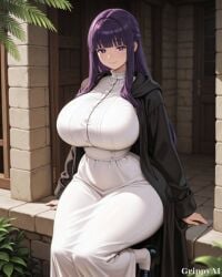 1girl 2d ai_generated anime_style bangs black_cloak black_robe cleavage curvy deep_cleavage detailed_eyes grippyai high_quality huge_breasts long_hair looking_at_viewer medieval_town outdoors purple_eyes purple_hair ruffled_dress shiny_skin smile solo standing thick_thighs white_dress wide_hips