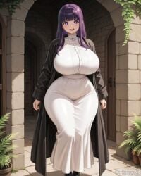 1girl 2d ai_generated anime_style bangs black_cloak black_robe cleavage curvy deep_cleavage detailed_eyes grippyai high_quality huge_breasts long_hair looking_at_viewer medieval_town outdoors purple_eyes purple_hair ruffled_dress shiny_skin smile solo standing thick_thighs white_dress wide_hips