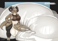 absurd_res anthro artist_name balls big_balls big_breasts big_penis black_clothing black_legwear black_thigh_highs black_topwear bodily_fluids breasts clothed clothing condom_balloon cum ejaculation excessive_cum excessive_genital_fluids eyes_closed female genital_fluids genitals gynomorph gynomorph_anthro hi_res horn huge_balls huge_penis hyper hyper_balls hyper_condom hyper_cum hyper_genitalia hyper_penis intersex intersex_anthro kobold legwear long_penis measurements navel no_underwear partially_clothed_anthro partially_clothed_gynomorph partially_clothed_intersex penis perotoart plantigrade scalie solo tail text thigh_highs tongue tongue_out topwear vein veiny_penis