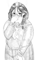 b45ui big_ass big_breasts blushing_profusely bulging_belly chubby_cheeks covering_mouth dead_eyes embarrassed fat form_fitting glasses looking_at_viewer nimo nimo22 school_uniform steaming thick_arms thick_thighs tight_clothing undersized_clothes