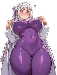 1girls blush bodysuit braid braided_hair breasts cetta_(cettadvd) clothing emilia_(re:zero) female female_only hair hair_ornament hips hoodie huge_breasts pointy_ears pout pouting purple_bodysuit purple_eyes re:zero_kara_hajimeru_isekai_seikatsu solo solo_female thick_thighs thighs tight_clothing white_hair wide_hips