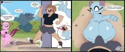 absurd_res anthro areola bent_over big_breasts big_butt biped blue_body blush blush_stickers bottomwear breast_size_difference breasts bulge butt cartoon_freckles clothed clothing comic dialogue english_text eyelashes female freckled_butt freckled_face freckled_shoulders freckles generation_2_pokemon genitals hi_res huge_breasts huge_butt human long_eyelashes looking_at_viewer looking_back male male/female mammal misdreavus nintendo nipple_dip nipples pink_body pokemon pokemon_(species) pokemorph rear_view size_difference smaller_female speech_bubble text tibbs topwear vulva wooper