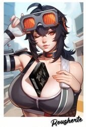 1girl ai_generated between_breasts big_breasts cassette_tape female_focus goggles_on_head grace_howard holding_with_breasts orange_eyes rousherte self_upload tagme wink winking winking_at_viewer zenless_zone_zero