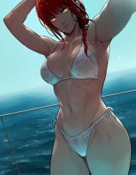 1girls ai_generated bikini chainsaw_man female female_only makima_(chainsaw_man) pinup red_hair solo swimsuit white_bikini white_swimsuit zloimakak