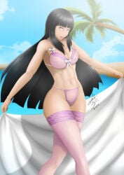 abs beach big_breasts bra byakugan dark_hair exhibitionism fit_female hourglass_figure hyuuga_hinata lace_trim lingerie lingerie_only long_hair naruto naruto_(series) naruto_shippuden outside palm panties pink_lingerie reveal revealing_outfit ribbons showing_off sky stockings thighhighs uzumaki_hinata white_blanket wide_hips