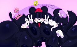 anthro big_breasts big_butt black_body breasts butt canid canine clothing disney domestic_cat felid feline felis female fox gesture gloves group hand_gesture handwear hat headgear headwear hi_res huge_breasts huge_butt mammal merrie_melodies minnie_mouse mouse murid murine nipples ortensia rabbit5gamer rodent roxy_(merrie_melodies) tongue tongue_out trio v_sign warner_brothers