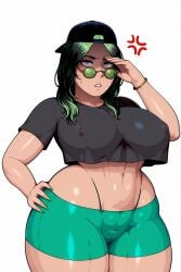 1girl ai_assisted ai_colored ai_generated anger_vein annoyed backwards_baseball_cap backwards_hat baseball_cap bike_shorts billie_eilish black_hair black_headwear black_shirt blue_eyes bracelet breasts cameltoe covered_nipples cowboy_shot crop_top cropped_shirt curvy fingernails glasses green_hair green_nails green_shorts hand_on_own_hip hat highleg highleg_panties huge_breasts jewelry large_breasts long_fingernails long_hair looking_at_viewer midriff navel panties parted_lips shaded_face shiny_skin shirt shirt_overhang short_shorts short_sleeves shorts simple_background skindentation solo standing sunglasses sweatdrop t-shirt thick_thighs thighs thong tinted_eyewear underwear white_background wide_hips