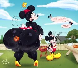 anthro apron big_breasts big_butt black_body blush bottomwear breasts butt clothing disney duo english_text female food footwear genitals hat headgear headwear hi_res high_heels hot_dog huge_breasts huge_butt male mammal meat mickey_mouse minnie_mouse mouse murid murine object_insertion pants rabbit5gamer rodent sausage shoes skirt text vulva