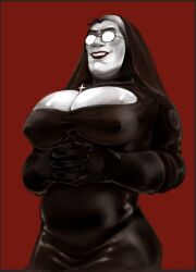 1boys big_breasts black_hair breasts clothed critflared_(artist) cross_necklace glasses male_breasts medic_(team_fortress_2) nun_outfit team_fortress_2