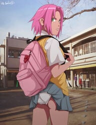 accidental_exposure ass backpack clothes_stuck_on_object clothing female female_only fully_clothed green_eyes legs looking_back naruto naruto_(series) naruto_shippuden outdoors outside panties pantyshot pink_hair sakura_haruno sbel02 school_uniform schoolgirl shounen_jump skirt skirt_caught_on_bag skirt_caught_on_object skirt_lift solo solo_female solo_focus upskirt wardrobe_malfunction weekly_shonen_jump white_panties