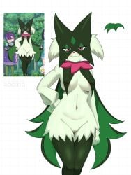 2026 3_fingers absurd_res anthro areola areola_slip artist_name big_breasts biped blush breast_curtains breasts closed_smile digital_media_(artwork) dot_(pokemon) eyelashes fangs felid feline female female_anthro fingers frill_(anatomy) fur generation_9_pokemon genitals glistening glistening_body glistening_breasts glistening_eyes green_body green_fur green_mask hand_on_hip hand_on_own_hip heart_symbol hi_res legs_together liko's_meowscarada liko_(pokemon) looking_at_viewer mammal mask meowscarada mouth_closed navel neck_frill nintendo nude nude_anthro nude_female pattern_background pink_eyes pink_nose pokemon pokemon_(species) reference_image roo310 simple_background smile smiling_at_viewer solo standing teeth text vulva wearing_mask white_background