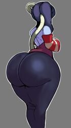 1girls ass_focus back_muscles blue_hair blue_skin dress exposed_back huge_ass hummerh194 leviathan_(skullgirls) ponytail skullgirls squigly tight_clothing zombie_girl