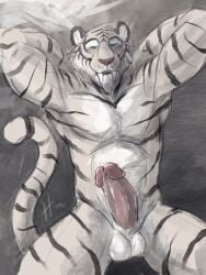 2022 3:4 animal_genitalia anthro balls big_penis blue_eyes closed_smile erection fangs felid front_view genitals glans hi_res hufnaar humanoid_genitalia humanoid_penis hybrid_genitalia hybrid_penis looking_at_viewer male male_anthro mammal markings mouth_closed narrowed_eyes nude pantherine partially_colored penis pink_penis precum_on_own_penis sheath sheathed_humanoid_penis simple_background smile solo striped_arms striped_legs striped_markings striped_tail stripes tail tail_markings teeth tiger