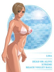 1girl artist_request big_breasts bikini breasts brown_eyes brown_hair cleavage covered_nipples dark-skinned_female dark_skin dead_or_alive highleg highleg_bikini large_breasts lipstick_mark lisa_hamilton short_hair solo stomach swimsuit white_bikini