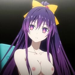ass_length_hair collarbone date_a_live eyebrows_visible_through_hair hair_between_eyes hair_over_one_breast medium_breasts naked_female nipples nude_edit nude_female nude_filter purple_eyes purple_hair sitting sitting_on_chair tohka yatogami yatogami_tohka yellow_hair_ribbon