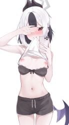 1girls belly_button bitseon black_bra black_hair blue_archive blush bow bow_bra bra bra_pull breasts cellphone clothes_pull embarrassed female female_focus female_only grey_halo halo highres holding holding_phone kayoko_(blue_archive) lifting_own_clothes multicolored_hair nipples phone red_eyes selfie small_breasts solo stomach two-tone_hair uncensored underwear white_background white_hair