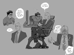 2025 2boys black_and_white black_hair blush blush_lines blushing cecil_stedman chair closed_eyes closed_mouth clothed clothing computer computer_keyboard computer_monitor cum cum_on_face english english_text erection erection_under_clothes gay gay_male hair invincible invincible_(comics) invincible_(superhero) invincible_(tv_series) light-skinned_male light_skin male male/male mark_grayson mature mature_male office_clothing older_male older_male_and_younger_male one_eye_closed open_eyes scar shoes simple_background sitting sitting_on_chair socks standing superhero_costume sweat sweatdrop sweating teeth teeth_showing teeth_visible text text_bubble tie unfruitpourri viltrumite white_hair white_shirt younger_male