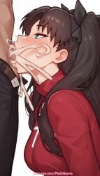 1boy 1girl 2026 ai_generated artist_name black_hair blush boobs breasts bust chest cum fate_(series) hi_res high_quality highres long_hair oral patreon patreon_username pinkname tits tohsaka_rin watermark