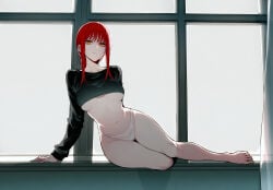 1girls ai_generated black_shirt chainsaw_man female female_only low_cut_top makima_(chainsaw_man) panties pinup red_hair shirt shirt_and_panties solo white_panties zloimakak