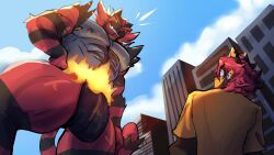 16:9 absurd_res anthro bulge city duo generation_7_pokemon hi_res humanoid incineroar kt_shaddow larger_male looming macro male male/male muscular muscular_male muscular_thighs nintendo pecs pokemon pokemon_(species) size_difference widescreen