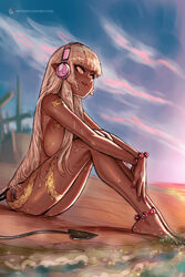 1girls ass bbc-chan bikini_bottom blonde_hair breasts clothing dark-skinned_female dark_elf dark_skin elf feet female female_only hair headphones huge_breasts long_hair looking_away maeya orange_eyes patreon pointy_ears sideboob sitting sketch solo text toes topless url watermark