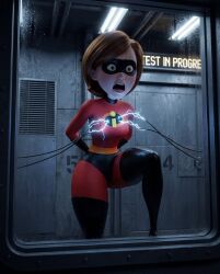 ai_generated arms_behind_back arms_tied arms_tied_behind_back behind_window bodysuit bondage brown_eyes brown_hair brunette bunker camera challenge challenge_accepted chamber confident curves curvy_female curvy_figure curvy_hips damsel_in_distress elastigirl electric_shock electricity electro_torture electronics electrostimulation eye_contact facility guard hand_on_hip helen_parr highheels huge_ass in_trouble interrogation lifting_leg red_clothing round_ass round_butt science science_experiment sexy sexy_body shocked shocked_expression shocked_eyes shocked_face shocked_female shocked_look spectating spectators superhero superhero_costume superheroine superheroine_in_trouble test_subject tied_up tight_clothes tight_clothing tight_fit underground wide_hips wide_thighs wires