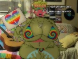 1girls 2026 arm bands bodypaint dialogue english_text eyeshadow face_paint flower flower_girl green_skin headband hippy huge_ass huge_breasts micro_bikini party_rose peace_sign peace_symbol_necklace plant_girl plant_humanoid plantie plants_vs_zombies rainbow_bikini rose_(flower) rose_(pvz) sigh solo_female voluptuous_female