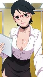 1girls ai_generated big_breasts black_eyes black_hair blouse boruto:_naruto_next_generations button_down_shirt choker cleavage costemania earrings glasses holding holding_object hourglass_figure long_sleeve_shirt looking_at_viewer naruto office office_clothing office_lady sarada_uchiha short_hair short_skirt skirt uchiha_sarada young younger_female