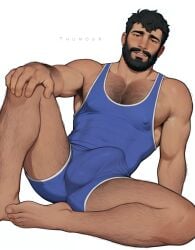 1boy 2d ai_assisted ai_generated aslan_(thumosx) bara beard body_hair erection_under_clothes facial_hair feet hairy human male male_focus male_only muscular muscular_male singlet sitting sitting_on_floor solo thumosx wrestling_outfit yaoi