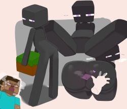 abnarie ambiguous_gender anus ass_up big_butt black_body black_skin blush bodily_fluids butt butt_grab disembodied_hand duo enderman hand_on_butt heart_symbol hi_res human humanoid looking_back mammal microsoft minecraft mojang not_furry nude rear_view square_(anatomy) xbox_game_studios
