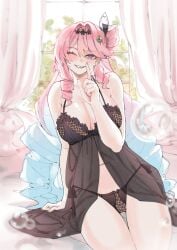 1girls black_lingerie breasts denia_(wuthering_waves) female lingerie long_hair medium_breasts pink_hair purple_eyes see-through_clothing sitting sitting_on_bed wuthering_waves